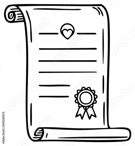 Hand drawn illustration of a rolled parchment scroll with a seal and a heart symbol