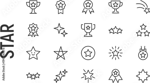 Star icons collection with trophies, medals, stars, shooting stars and award ribbons, success symbols