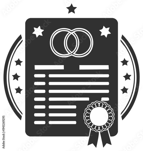 Vector illustration of a marriage certificate with wedding rings, stars and a rosette award emblem