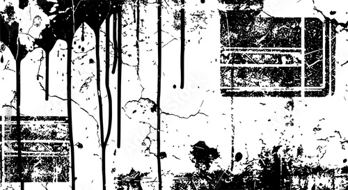 Graffiti wall with black paint splatters and cracks on white surface featuring grunge, urban, street art with vandalism