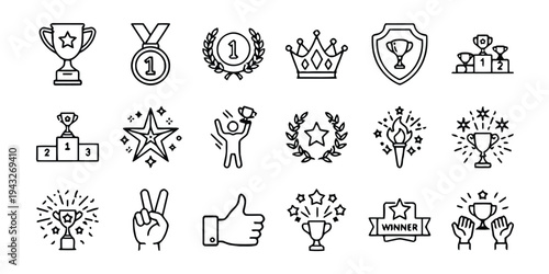 Success and achievement award icons set with trophies medals and victory symbols