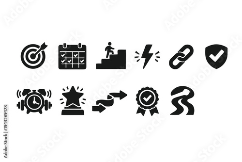 Success and motivation icons depicting goals achievements and personal growth journey