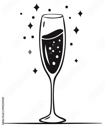 Flute glass filled with sparkling bubbly champagne drink with celebratory stars