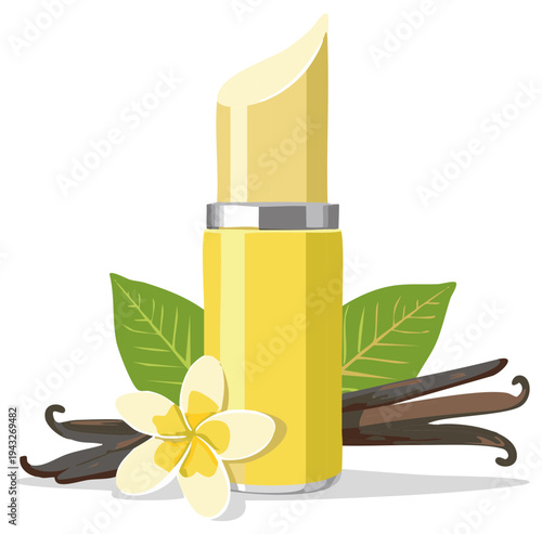 Yellow lipstick with vanilla bean pods and flower for beauty and fragrance