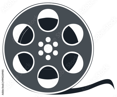 Film reel icon illustration with partial film strip in grayscale