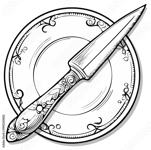 Vintage table knife with an ornate handle resting on a classic decorative plate line art illustration