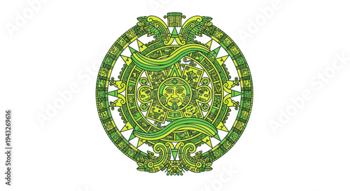 Aztec Sun Stone Calendar Wheel, Ancient Mexican Mythology Symbol, Green Tones
