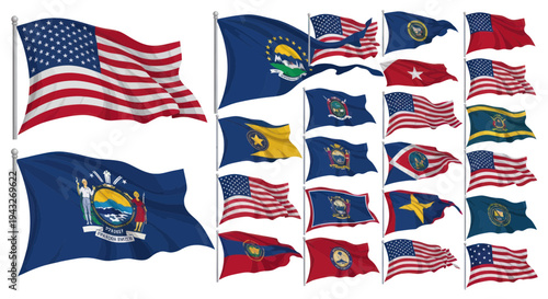 Collection of US State Flags and American Flag Waving