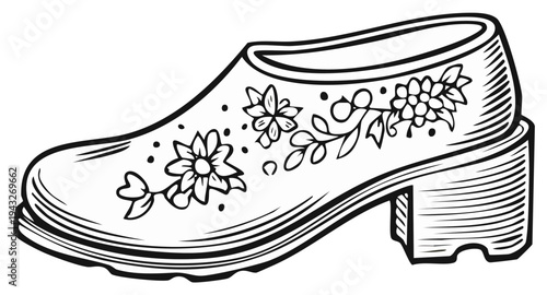 Illustration of a traditional wooden clog shoe with floral pattern.