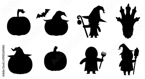 Witches hand drawn set with black silhouettes and Halloween themed icons featuring illustrations, graphics, clipart