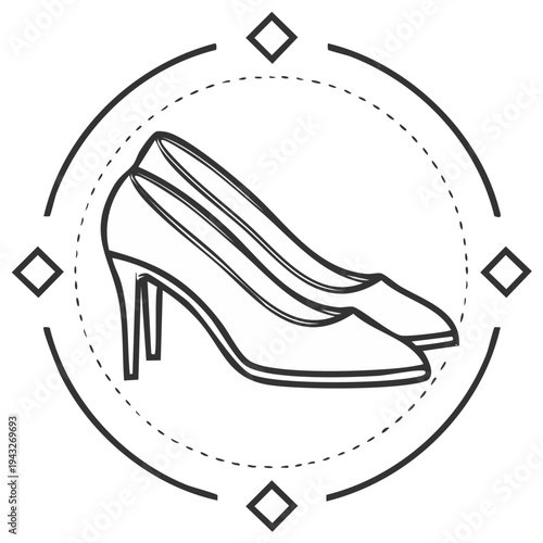 Elegant high heeled shoes in a round emblem, fashion design illustration