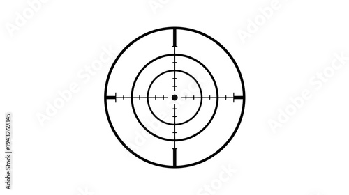 Símbolo minimalista de mira telescópica con círculos concéntricos y líneas de retícula centradas. Diseño geométrico negro aislado sobre fondo blanco que representa precisión, objetivo y enfoque.
