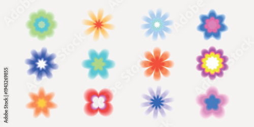 Colorful abstract flower icons in various shapes and hues. Bright, vibrant floral designs with diverse patterns. Perfect for creative, artistic projects. Cute glowing element set vector.