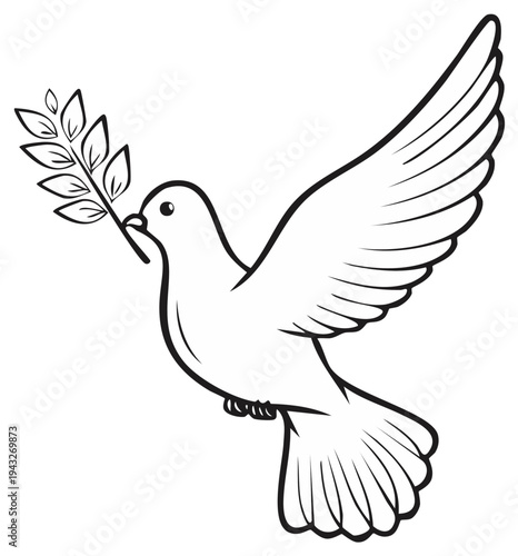 Flying Dove of Peace with Olive Branch Black and White Line Art Illustration