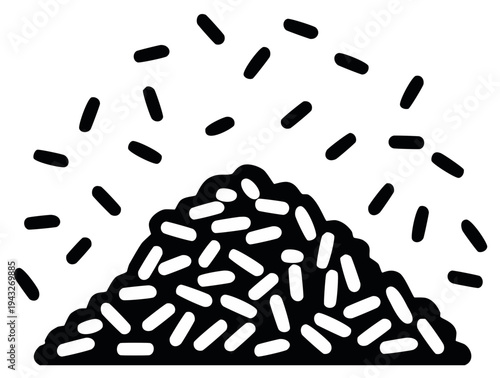 Abstract illustration of a mound of rice with scattered grains above in a playful, minimalist style