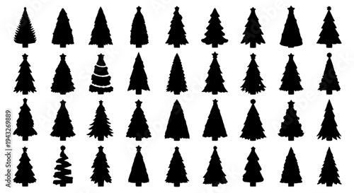Trees Christmas icon set with black silhouettes and various shapes and sizes featuring tree illustrations, tree