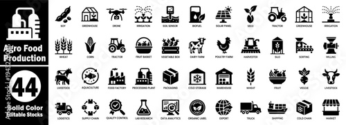 Agro Food Production icons set. Soy greenhouse drone irrigation soil sensor biofuel solar panel seed vector illustrator.