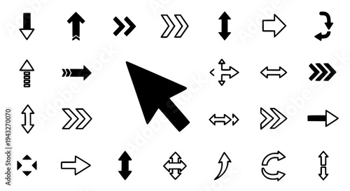 Arrows icon set with black curved and straight lines on white background for navigation featuring direction, pointers,