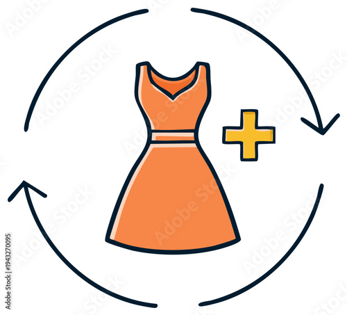 Clothes Recycling with Dress, Plus Sign, and Circular Arrows in Style Graphic
