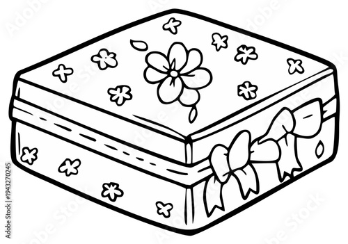 Black and white illustration of a decorated gift box with flowers and a bow