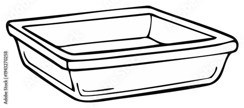 Simple square baking dish with clean lines in black and white illustration.