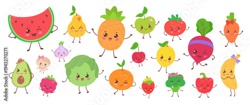 Vector illustration of cute fruits and vegetables with smiling faces. Flat isolated food object collection.