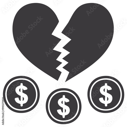 Broken Heart Symbol with Dollar Coins Representing Financial Problems in Relationships