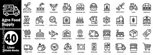 Agro food supply chain icons set. Farming logistics and retail vector illustrator.