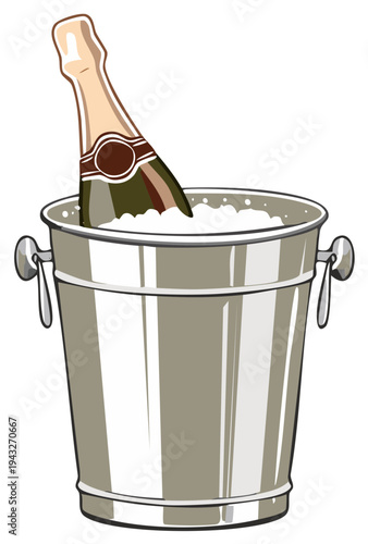 Bottle of champagne chilling in a shiny silver ice bucket vector illustration
