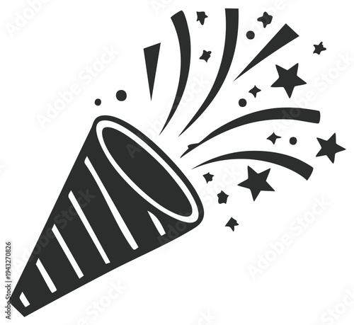 Party popper exploding with confetti and stars illustration black silhouette.