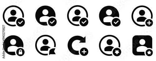 User icon flat style collection, person profile avatar with plus, check mark, user information, user lock, user security, team user icon, add user, and add account vector