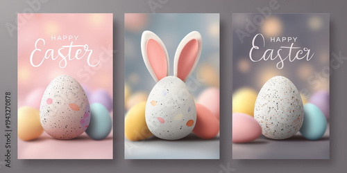 A set of Easter posters with decorative eggs and bunny ears. Pastel spring Easter holiday cards Happy Easter 