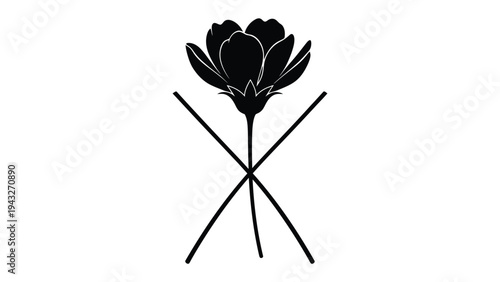 Artistic Blossom: A stylized illustration of a flower in full bloom, its petals delicately rendered, intertwined with crossed stems, against a plain backdrop.