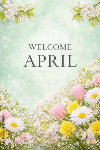 Vertical floral background with Welcome April text among spring branches and pastel flowers. Concept of seasonal banner and greeting design.