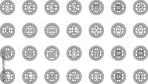 Global icon collection, stylized world symbols, international business graphics set, connectivity illustration, worldwide communication artwork, data analytics design elements
