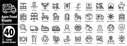 Agro Food Supply icons set. Smart agriculture and food distribution in outline line style vector illustrator.