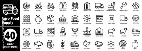 Agro Food Supply icons set. Food industry and agricultural supply chain management outline vector illustrator.