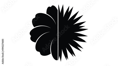 Flower Sun Silhouette: Black half flower silhouette on white background with a sun shape on the other half in vector format.