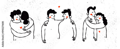 Set Of Hugging Couples Men And Women Embracing Love And Care Concept