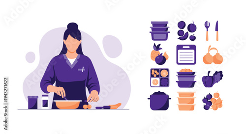 A flat vector illustration showing a woman preparing a healthy meal in a bowl, with a separate collection of icons depicting foods, containers, and cutlery on a clean white background.