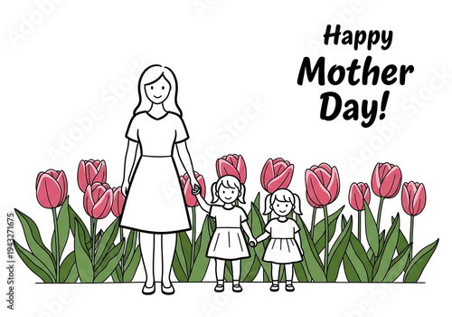 Mother and two daughters standing in front of pink tulips  Happy Mother Day