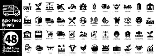 Agro Food Supply Icons set. Agricultural production and food supply chain solid icon collection vector illustrator.