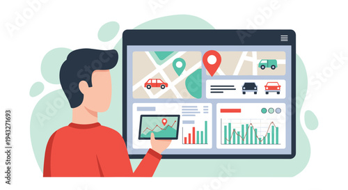 A vector illustration of a man analyzing a fleet management dashboard on a large screen, tracking vehicle locations on a map and monitoring performance data through various charts and graphs.