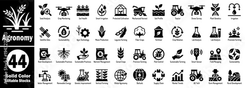 Agronomy icons set. Sustainable agriculture and smart farming solid icon set collection vector illustrator.