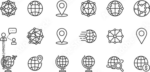 Global communication icon set, black and white connectivity graphics, international business symbols, worldwide navigation artwork, data network design elements