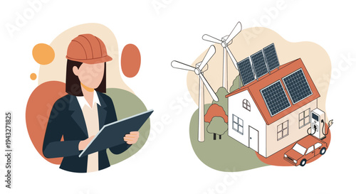 A female engineer in a hard hat inspects a renewable energy project with a house powered by solar panels and wind turbines.