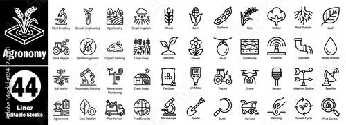 Agronomy icons set. Farm tools and botanical linear icons for agricultural applications, vector illustrator.