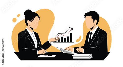 A female analyst in a black business suit presents a growth chart to a male colleague during a corporate meeting at a desk with documents.