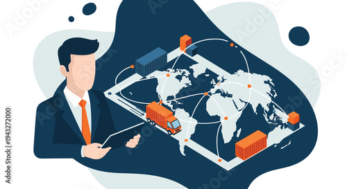 A businessman manages a global supply chain using a tablet, with a world map showing logistics networks, shipping containers, and a truck in a modern flat illustration.
