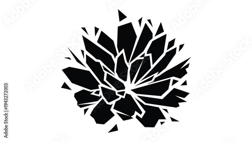 Abstract Crystal Burst: A sharp, geometric design resembling a bursting crystal or starburst in bold black against a stark white background, suggesting fragmentation, energy, or a powerful impact.